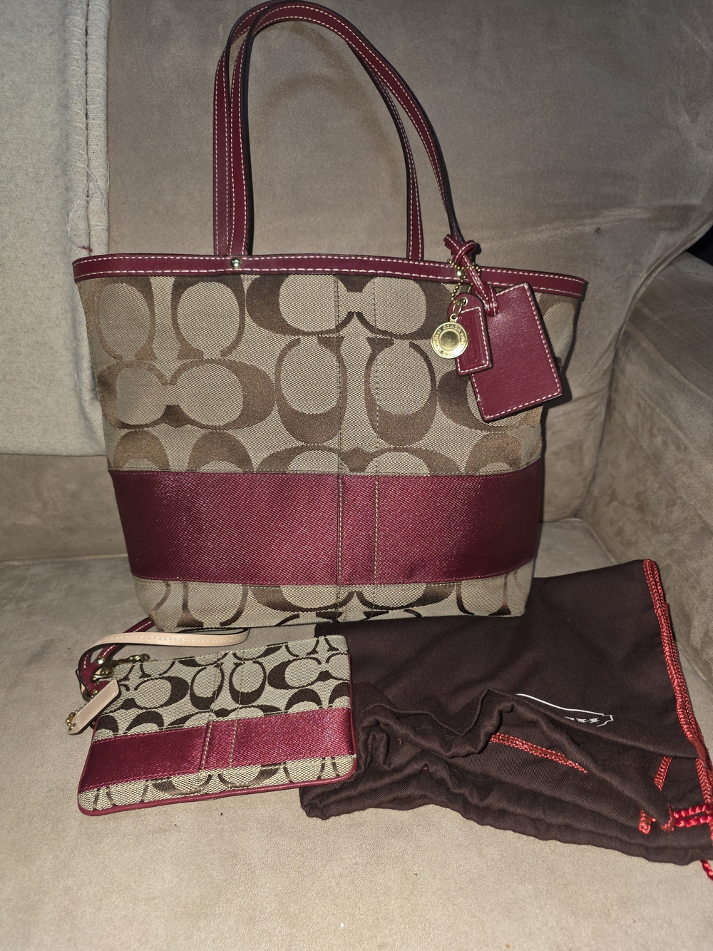 Coach Signature Stripe Tote Khaki And Burgandy Red With Matching Wristlet!